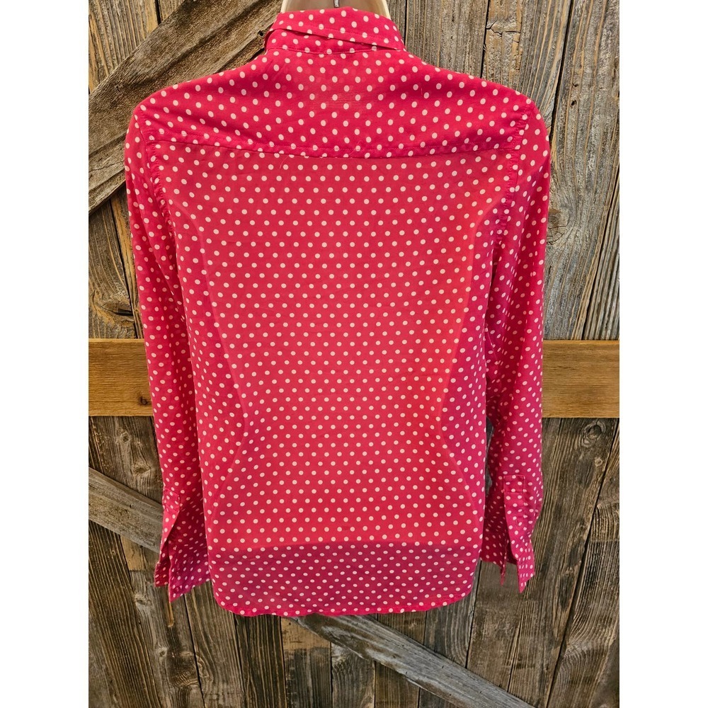 Pink and white polka dot long sleeve sheer button up size XXS ^ EUC - Picture 3 of 8